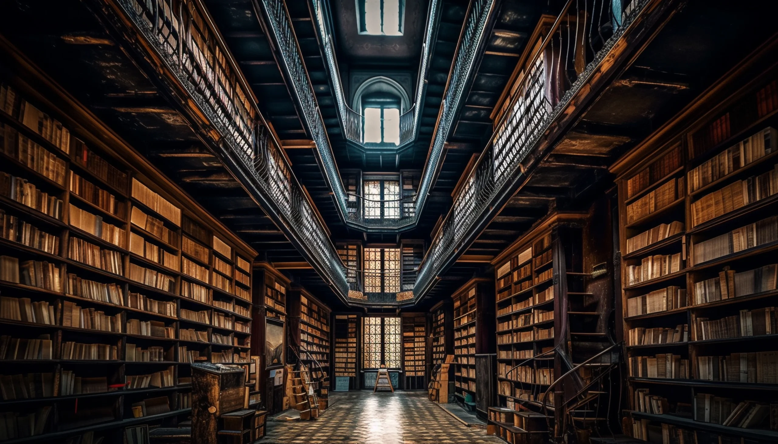 Large collection old books wooden shelves generated by ai